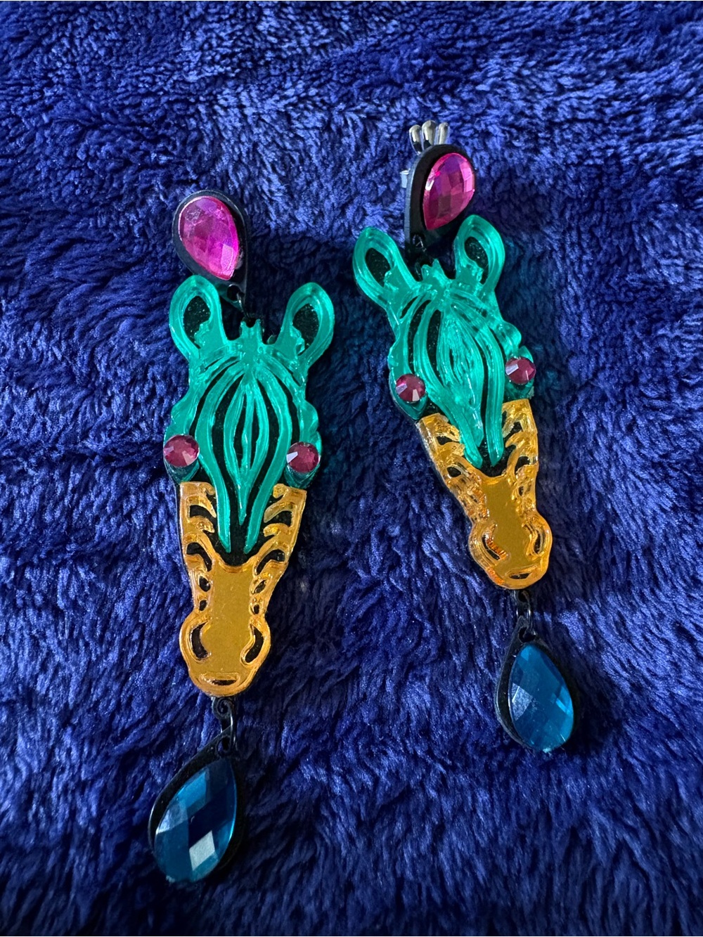 Teal & Gold Giraffe Drop Earrings with Pink and Blue Gems